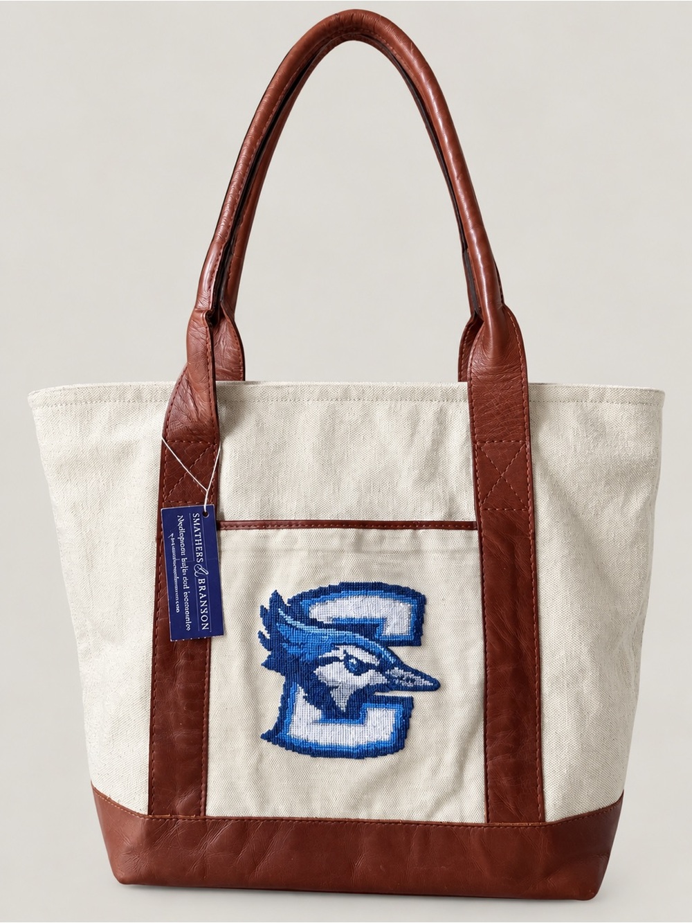 Smathers & Branson Creighton Bluejays Needlepoint Canvas Leather Tote Bag